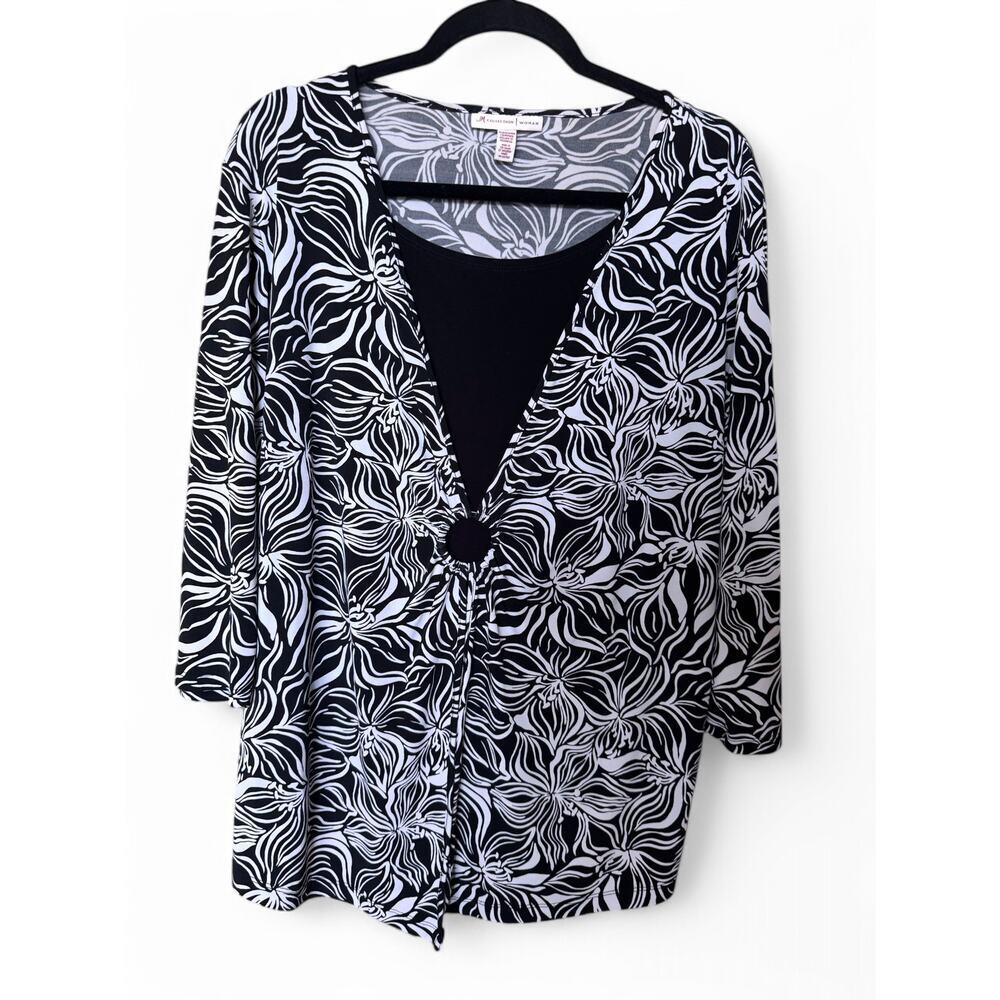 Black & White Floral Print Ring Detail Blouse – Size 1X